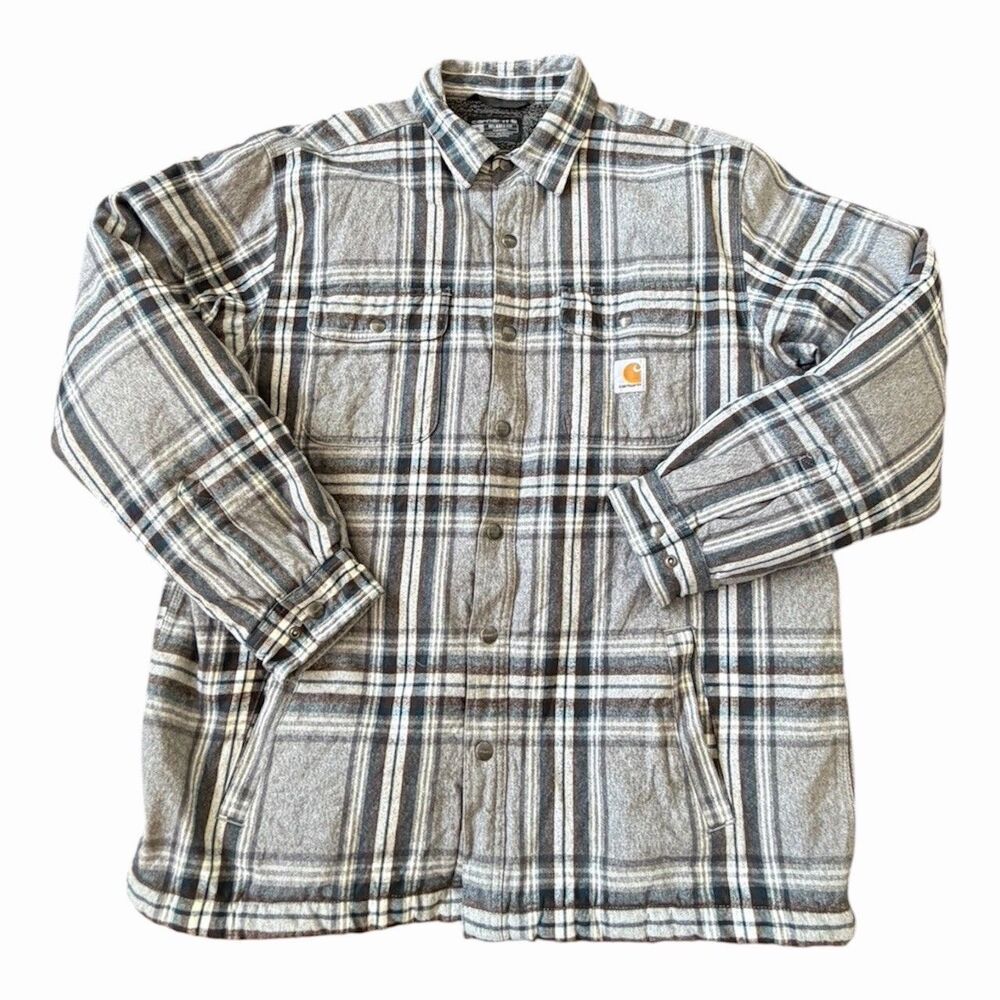 Carhartt Men's XL Flannel Sherpa Lined Shirt Jacket Gray Plaid Shacket Excellent